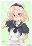  ! artist_name bangs bespectacled black_neckwear blonde_hair blue_eyes blue_sailor_collar c: cowboy_shot dated dress fyuo glasses gloves green_background hat highres janus_(kantai_collection) kantai_collection looking_at_viewer parted_bangs red-framed_eyewear sailor_collar sailor_dress sailor_hat short_hair short_sleeves simple_background standing tongue tongue_out white_dress white_gloves white_headwear 