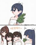  ^^^ akagi_(kancolle) black_hair branch closed_eyes commentary_request houshou_(kancolle) kaga_(kancolle) kantai_collection long_hair naked_towel side_ponytail simple_background towel translation_request upper_body white_background yamato_(kancolle) yoichi_(umagoya) 