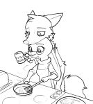  anthro apron black_and_white canid canine cheek_tuft clothed clothing cooking disney duo eyewear face_tuft fox glasses head_tuft holding_cup holding_object inside lagomorph leporid mammal monochrome rabbit rinehart_nye_(wynn) sweater topwear tuft turtleneck violet_hopps zhan zootopia 