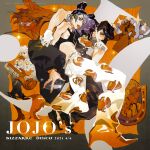  1girl 2021 5boys absurdres bun_with_braided_base cd commentary copyright_name double_bun english_commentary giorno_giovanna guitar hair_bun higashikata_josuke highres holding holding_cd holding_microphone horseshoe instrument johnny_joestar jojo_no_kimyou_na_bouken joseph_joestar joseph_joestar_(young) kujo_jolyne kujo_jotaro microphone multiple_boys multiple_girls orange_nails pompadour tixili 
