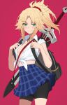  1girl absurdres backpack bag bike_shorts black_shorts blonde_hair blue_skirt blush braid breasts button_gap choker clarent_(fate) closed_mouth collared_shirt commentary_request cowboy_shot dress_shirt fate/apocrypha fate_(series) green_eyes hair_ornament hair_scrunchie half_up_braid highres long_hair looking_at_viewer midriff mordred_(fate) mordred_(fate/apocrypha) parted_bangs ponytail red_background red_scrunchie school_uniform scrunchie sheath sheathed shirt shirt_tucked_in shorts shorts_under_skirt sidelocks simple_background skirt sleeveless sleeveless_shirt small_breasts smile solo sword sword_on_back thighs tied_shirt tonee variant_set weapon weapon_on_back white_shirt 
