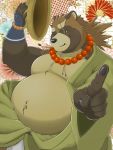  2019 anthro belly brown_body brown_fur canid canine clothing fur gyobu hat headgear headwear hi_res humanoid_hands jinku_56 male mammal moobs nipples one_eye_closed overweight overweight_male raccoon_dog robe scar tanuki tokyo_afterschool_summoners video_games wink 