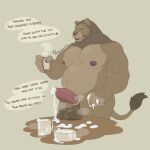  2023 after_masturbation after_orgasm animal_genitalia animal_penis anthro balls barazoku biceps bodily_fluids bowl container cum cum_drip cum_in_a_cup cum_in_bowl cum_in_container cum_on_hand cum_on_penis cum_on_table cum_pool deltoids dialogue dripping erection father_(lore) felid feline_genitalia feline_penis forearm_muscles front_view genital_fluids genitals grey_background grin hi_res incest_(lore) lion looking_at_viewer male mammal manly mature_male melancholiclion musclegut muscular muscular_arms muscular_legs navel nipples nude pantherine parent_(lore) pecs penis ring_(jewelry) shaved_head simple_background slightly_chubby smile solo speech_bubble spiked_penis spikes spikes_(anatomy) standing stubble thick_thighs triceps 