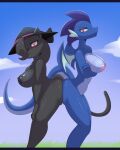 2025 absurd_res anthro anthro_on_anthro apinkgrape arm_under_breasts arms_crossed_under_breasts ass_to_ass big_breasts big_butt black_body black_border black_clothing black_fur black_hat black_headwear black_nipples blue_body blue_scales border breasts butt butt_squish butts_touching clothing crossed_arms domestic_cat dragon duo european_mythology felid feline felis female female/female frown fur glistening glistening_body grey_body grey_fur hair half-closed_eyes hands_on_legs hands_on_thighs hat headgear headwear hi_res huge_butt interspecies leaning leaning_forward looking_at_viewer mammal multicolored_body multicolored_scales mythological_creature mythological_scalie mythology narrowed_eyes nipples nude outside pink_clothing pink_eyes pink_hat pink_headwear pink_nipples pupils purple_eyes purple_hair ruby_(ultilix) scales scalie side_view sofia_(ultilix) squish two_tone_body two_tone_scales western_dragon witch_hat