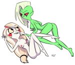 2021 4_fingers alien alien_humanoid areola blonde_hair breasts butt charlie_morningstar crossover demon disney duo eyebrow_through_hair eyebrows female female/female fingers genitals green_areola green_body green_nipples green_skin hair hazbin_hotel hi_res humanoid humanoid_pointy_ears interspecies long_hair lord_dominator lying nipples noseless not_furry nude on_back pointy_ears pussy simple_background teeth translucent translucent_hair uma_yorokobi wander_over_yonder white_background white_body white_hair white_skin