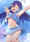  1girl ;d ahoge armpits bangs belt belt_buckle blue_hair blue_skirt buckle cheerleader crop_top eyebrows_visible_through_hair floating_hair green_eyes hair_between_eyes highres idolmaster idolmaster_million_live! jumping kuro_kinkan legs_up long_hair looking_at_viewer midriff miniskirt mochizuki_anna navel one_eye_closed open_mouth outstretched_arms pleated_skirt shiny shiny_hair skirt sleeves smile solo sparkle stomach striped striped_legwear vertical-striped_legwear vertical_stripes very_long_hair white_belt white_legwear wristband 
