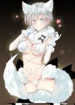  1girl anastasia_(idolmaster) animal_ear_fluff animal_ears aqua_eyes blush breasts commentary_request cosplay dangerous_beast elbow_gloves fate/grand_order fate_(series) feet_out_of_frame fingernails fur fur_collar fur_trim gloves grey_hair heart highres idolmaster idolmaster_cinderella_girls mash_kyrielight mash_kyrielight_(cosplay) medium_breasts navel panties parted_lips rum_raisin_(chihiromakita19) sharp_fingernails short_hair solo star starry_background tail thighhighs underwear white_legwear white_panties 
