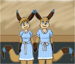  anthro blue_eyes breasts brother brown_body brown_fur brown_hair clothed clothing duo facial_markings female fiona_(artist) friti_(maiza) fur hair hand_holding head_markings kasia_(maiza) macropod male mammal markings marsupial sibling sister twins wallaby 