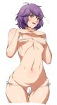  1girl bernadetta_von_varley bikini blush breasts fire_emblem fire_emblem:_three_houses grey_eyes micro_bikini navel open_mouth purple_hair short_hair simple_background small_breasts solo swimsuit tesu white_background 