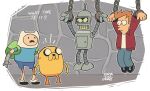  4boys adventure_time backpack bag bender_bending_rodriguez bound bound_wrists brick_wall chain chained chained_wrists crossover cuffs denim dog dungeon english_text finn_the_human futurama green_bag hands_up hat highres humanoid_robot indoors jacket jake_the_dog jeans looking_at_viewer male_focus mechanical_arms multiple_boys open_mouth orange_hair pants philip_j_fry prison rariatto_(ganguri) red_jacket restrained robot shackles shirt short_hair shorts single_mechanical_arm standing stone_wall suspension teeth toon_(style) voice_actor_connection white_shirt 