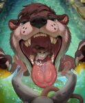 ambiguous_gender anthro blue_eyes bodily_fluids brown_body brown_fur detailed_background detailed_mouth extreme_size_difference first_person_view fur grey_body grey_fur group hi_res imminent_vore in_mouth macro male mammal micro midair mouse mouth_shot murid murine mustelid open_mouth oral_vore otter poisewritik prey_pov rodent saliva saliva_on_tongue saliva_string sharp_teeth size_difference slide tan_body tan_fur teeth tongue tongue_out trio vore water water_slide