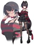  1girl absurdres alternate_costume bare_shoulders black_hair black_hat black_shoes black_skirt brown_pantyhose casual closed_mouth ellen_joe fins fish_tail glasses hat highres knit_hat long_sleeves looking_at_viewer mole mole_under_eye multiple_views off_shoulder pantyhose red_eyes red_hair shark_girl shark_tail shoes short_hair simple_background skirt standing tail white_background yotte zenless_zone_zero 