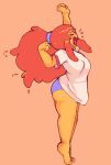  1girl adventure_time ass blue_panties colored_skin fiery_hair fire fire_elemental flame_princess forehead_jewel from_side highres kashink7 orange_skin oversized_clothes oversized_shirt panties ponytail shirt solo stretching thighs tiptoes toon_(style) underwear yawning yellow_skin 