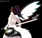  angel avian big_breasts bird black_background black_hair blue_eyes bottomwear breasts butt chimera clothing feathers female flying_squirrel glowing hair hybrid katana kyegrr long_hair long_tail mammal melee_weapon monster_girl_(genre) rodent samurai sciurid shorts simple_background solo sword warrior weapon wings 