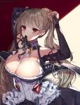  1girl adjusting_hair arms_up azur_lane between_breasts black_dress black_nails bow breasts bunching_hair cleavage collarbone commentary_request covered_nipples detached_collar detached_sleeves dress earrings flight_deck formidable_(azur_lane) frilled_dress frills glint grey_hair hair_bow hair_ribbon hair_tie_in_mouth jewelry large_breasts lerome long_hair long_sleeves looking_at_viewer maid mouth_hold nail_polish red_eyes revision ribbon solo twintails two-tone_background upper_body very_long_hair 