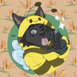 absurd_res anthro arthropod bee canid canine canis clothing flower happy hi_res hymenopteran insect kigurumi looking_at_viewer male mammal naoto one_eye_closed onesie plant smiley_face solo spring tongue tongue_out wink winking_at_viewer wolf
