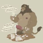  2023 after_masturbation after_orgasm animal_genitalia animal_penis anthro balls barazoku biceps bodily_fluids bowl brown_hair container cum cum_drip cum_in_a_cup cum_in_bowl cum_in_container cum_on_hand cum_on_penis cum_on_table cum_pool deltoids dialogue dripping erection father_(lore) felid feline_genitalia feline_penis forearm_muscles front_view genital_fluids genitals grey_background grin hair hi_res incest_(lore) lion looking_at_viewer male mammal mane manly mature_male melancholiclion messy_hair messy_mane musclegut muscular muscular_arms muscular_legs navel nipples nude pantherine parent_(lore) pecs penis ring_(jewelry) scruffy scruffy_beard simple_background slightly_chubby smile solo speech_bubble spiked_penis spikes spikes_(anatomy) standing stubble thick_thighs triceps 