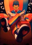  1boy blue_hair colored_skin highres itsme_kobalt looking_at_viewer multicolored_pants pants phone pompadour solo wally_darling welcome_home_(arg) yellow_skin 