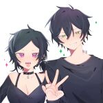  1boy 1girl :d absurdres ahoge andrew_graves ashley_graves bare_shoulders black_choker black_hair black_shirt black_sweater blush bra_strap breasts bright_pupils brother_and_sister choker cleavage commentary double-parted_bangs green_eyes grin hair_between_eyes hair_tie hand_up highres index_finger_raised large_breasts long_sleeves low_ponytail medium_hair off-shoulder_shirt off_shoulder open_mouth pendant_choker pink_eyes ponytail shirt short_hair siblings simple_background smile sparkle straight-on sweater swept_bangs symbol-only_commentary tag tantantan21 teeth the_coffin_of_andy_and_leyley tongue upper_body v v-shaped_eyebrows white_background white_pupils 