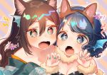  2girls animal_ear_fluff animal_ears aqua_nails bangs bare_shoulders blue_eyes blue_hair blush breasts brown_eyes brown_hair brown_hairband claw_pose cleavage commentary_request detached_sleeves diagonal-striped_background diagonal_stripes eyebrows_visible_through_hair eyeshadow fake_animal_ears fangs frilled_sleeves frills fur_collar green_kimono grey_background hair_between_eyes hairband hands_up head_fins highres imaizumi_kagerou japanese_clothes kimono long_hair looking_at_viewer makeup mermaid mokokiyo_(asaddr) monster_girl multiple_girls nail_polish off_shoulder open_mouth orange_background outline portrait sidelocks strapless striped striped_background touhou wakasagihime wolf_ears 