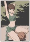  1girl absurdres armpits arms_up ball basketball basketball_(object) breasts brown_eyes brown_hair choker cleavage closed_mouth crop_top green_choker green_eyes green_shorts headband highres kneeling looking_at_viewer medium_breasts midriff navel outdoors rebecca_chambers resident_evil resident_evil_0 shirt shoes short_hair short_shorts shorts smile sneakers solo sports_bra sportswear stomach stretching tank_top tyanoki 