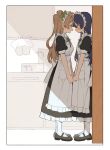  2girls apron black_dress black_shoes blue_hair blush brown_hair closed_mouth commentary_request dress eye_contact forehead-to-forehead heads_together highres holding_hands indoors kitchen long_hair looking_at_another love_live! love_live!_school_idol_project maid maid_apron maid_headdress mary_janes minami_kotori minamip multiple_girls open_mouth shade shoes short_sleeves smile socks sonoda_umi white_apron white_socks yuri 