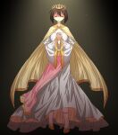  1girl alternate_costume azumanga_daioh bob_cut cape closed_eyes commentary crown dress english_commentary farhan_melukis full_body gradient_background highres kaori_(azumanga_daioh) long_dress own_hands_together pointed_crown short_hair solo white_dress wide_sleeves yellow_cape 