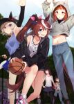  5girls absurdres alternate_costume animal_ears ball bare_shoulders baseball_cap basketball black_hair black_jacket black_pantyhose black_skirt blue_eyes blurry brown_hair character_request cropped_sweater curren_chan_(umamusume) denim depth_of_field ear_covers ear_ribbon ears_through_headwear grey_hair grey_sweater hair_between_eyes hair_ribbon hat high_ponytail highres holding holding_ball hood hooded_sweater hoodie horse_ears horse_girl horse_tail jacket jeans long_hair long_sleeves looking_at_viewer looking_to_the_side midriff motsunabe_(mo2nap3) multicolored_hair multiple_girls navel outdoors pants pantyhose pink_ribbon pink_shoes ponytail purple_eyes red_eyes ribbon shoes short_hair skirt sneakers streaked_hair sweater tail tank_top tokai_teio_(umamusume) transcend_(umamusume) two-tone_hair umamusume white_hair 