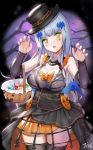  1girl bangs bat_hair_ornament bat_wings black_headwear black_legwear blue_hair blue_wings blunt_bangs blush breasts candy claw_pose commentary_request corset cowboy_shot detached_sleeves dress eyebrows_visible_through_hair facial_mark food girls_frontline green_eyes hair_ornament halloween halloween_basket halloween_costume hands_up hat head_tilt hk416_(girls_frontline) long_hair looking_at_viewer orange_skirt purple_nails qian_wu_atai skirt solo thighhighs very_long_hair wings 