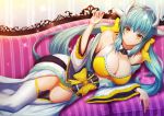  1girl aqua_hair aqua_kimono bikini bow breasts couch dragon_girl dragon_horns fate/grand_order fate_(series) frilled_bikini frills fujifuji924 hair_ribbon highres horns japanese_clothes kimono kiyohime_(fate/grand_order) kiyohime_(swimsuit_lancer)_(fate) large_breasts long_hair looking_at_viewer low_twintails lying multiple_horns obi on_couch on_side ribbon sash smile solo swimsuit thighhighs twintails white_legwear wide_sleeves yellow_bikini yellow_bow yellow_eyes yellow_ribbon 