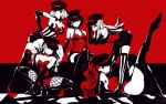  5girls bent_over breasts choker cleavage corset detached_collar elbow_gloves glasses gloves hat leg_up leotard long_hair minyom multiple_girls niijima_makoto okumura_haru peaked_cap persona persona_5 persona_5:_dancing_star_night persona_5_the_royal ponytail pose red_background red_eyes red_hair sakura_futaba short_hair short_shorts shorts sitting smile spot_color squatting standing studded_choker takamaki_anne thighhighs twintails yoshizawa_kasumi 