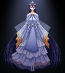 1girl alternate_costume azumanga_daioh black_background black_hair blue_dress closed_eyes commentary crown dress english_commentary facing_viewer farhan_melukis full_body gradient_background highres long_dress long_hair sakaki_(azumanga_daioh) solo very_long_hair 