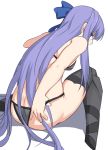  1girl ass back bangs bare_shoulders bikini black_bikini blue_eyes blue_ribbon blush breasts commentary_request fate/grand_order fate_(series) greaves long_hair looking_at_viewer looking_back meltryllis meltryllis_(swimsuit_lancer)_(fate) prosthesis prosthetic_leg purple_hair ribbon shiseki_hirame simple_background small_breasts solo swimsuit thighs very_long_hair white_background 