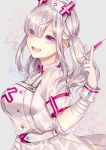  1girl :d bandaged_arm bandages blush breasts cross eyebrows_visible_through_hair eyes_visible_through_hair from_side gloves grey_background hair_ornament hair_over_one_eye hat highres holding holding_syringe large_breasts long_hair looking_at_viewer looking_to_the_side me_meel mole mole_under_eye nijisanji nurse nurse_cap open_mouth purple_eyes short_sleeves silver_hair smile solo sukoya_kana syringe teeth twintails upper_body virtual_youtuber white_gloves wing_collar x_hair_ornament 
