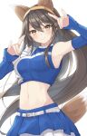  1girl animal_ears bare_shoulders belt black_hair blue_skirt breasts brown_eyes cheerleader commission cosplay detached_sleeves double_fox_shadow_puppet fake_animal_ears fake_tail fox_ears fox_shadow_puppet gensoukitan hair_between_eyes hairband haruna_(kancolle) highres hokkaido_nippon-ham_fighters kantai_collection layered_skirt long_hair looking_at_viewer medium_breasts midriff navel pleated_skirt simple_background skeb_commission skirt solo tail white_background white_belt zuikaku_(cheerleader)_(kancolle) zuikaku_(kancolle) zuikaku_(kancolle)_(cosplay) 