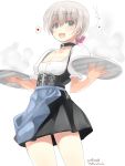  1girl alternate_costume apron blue_apron blue_eyes commentary_request cowboy_shot dirndl flat_chest german_clothes heart highres kantai_collection short_hair silver_hair simple_background solo spoken_heart standing takase_muu tray waitress white_background z1_leberecht_maass_(kantai_collection) 