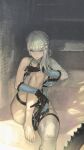  1girl bandaged_arm bandaged_leg bandaged_neck bandages barefoot black_gloves braid braided_hair_rings breasts feet flower foot_out_of_frame gloves hair_flower hair_ornament hair_rings high_heels highres kaine_(nier) knee_up large_breasts leg_up legs lingerie looking_at_viewer maeshima_shigeki nail_polish nier nier_(series) revision single_bare_shoulder solo toenail_polish toenails toes underwear yellow_eyes 