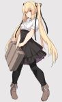  1girl black_legwear black_ribbon black_skirt blonde_hair bow commentary_request copyright_request eyebrows_visible_through_hair grey_background hair_ribbon holding_suitcase long_hair meme_attire pantyhose red_eyes ribbon shirt shiseki_hirame short_sleeves simple_background skirt smile solo suitcase twintails virgin_killer_outfit white_bow white_shirt 