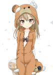  1girl :o animal_costume animal_ears bandaged_arm bandages bangs bear_costume bear_ears bear_hood blush boko_(girls_und_panzer) boko_(girls_und_panzer)_(cosplay) bow bow_bra bra brown_eyes brown_hair collarbone commentary_request cosplay eyebrows_visible_through_hair eyepatch fake_animal_ears flipper girls_und_panzer hair_between_eyes highres hood hood_up long_hair looking_at_viewer medical_eyepatch parted_lips pink_bra shimada_arisu solo stuffed_animal stuffed_toy teddy_bear thigh_gap underwear white_background 
