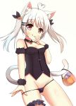  1girl :q ahoge animal_ear_fluff animal_ears bangs bare_shoulders bat_hair_ornament black_panties black_ribbon blush bow bow_panties breasts candy candy_wrapper cat_ears cat_girl cat_tail closed_mouth eyebrows_visible_through_hair finger_to_mouth food groin hair_ornament hair_ribbon halloween_basket hand_up heart_ahoge highres lollipop long_hair looking_at_viewer medium_breasts original panties panty_pull prehensile_tail pulled_by_self red_eyes ribbon sidelocks simple_background smile solo swirl_lollipop tail tongue tongue_out twintails underwear underwear_only white_background white_hair xiaosamiao 