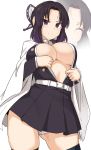  1girl ass_visible_through_thighs bangs belt black_hair black_legwear black_skirt breasts butterfly_hair_ornament commentary_request cosplay from_below hair_ornament japanese_clothes kanroji_mitsuri kanroji_mitsuri_(cosplay) kimetsu_no_yaiba kochou_shinobu large_breasts long_sleeves looking_at_viewer multiple_views open_clothes panties parted_bangs pleated_skirt purple_eyes shiseki_hirame short_hair skirt thighhighs underwear white_belt white_panties 