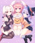  3girls :d animal_ears ass bare_shoulders black_capelet black_footwear black_gloves black_shorts blue_eyes blue_headwear boots breasts brown_legwear bunny_ears bunny_girl bunny_tail candy capelet cat_ears cat_girl cat_tail choker cleavage commentary_request diagonal_stripes dress elbow_gloves fang food gloves hair_ribbon halloween halloween_basket halo hat high_heel_boots high_heels highres holding holding_food holding_lollipop kneehighs large_breasts lollipop long_hair long_sleeves low_twintails multiple_girls onka open_mouth original parted_lips pink_hair purple_background purple_eyes purple_hair purple_ribbon red_footwear ribbon sakura_(usashiro_mani) shoe_soles shoes short_shorts shorts sleeveless sleeveless_dress sleeves_past_wrists smile star striped striped_legwear tail thighhighs tongue tongue_out twintails usashiro_mani very_long_hair white_dress white_hair white_legwear witch_hat yellow_choker yellow_footwear 