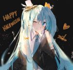 1girl aqua_eyes aqua_hair bangs bare_shoulders black_background blue_neckwear blush bow character_name closed_mouth collared_shirt commentary detached_sleeves ear_piercing earrings eyebrows_visible_through_hair fang fingernails frills hair_between_eyes hair_ornament hairclip halloween happy_halloween hat hatsune_miku heart iftuoma jewelry lace long_hair mini_hat necktie one_eye_closed orange_bow piercing shirt simple_background smile solo sparkle stud_earrings twintails upper_body very_long_hair vocaloid white_headwear white_shirt wide_sleeves 