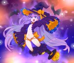  1girl alternate_costume bangs bat bat_hair_ornament blue_eyes commentary english_commentary eyebrows_visible_through_hair fangs fate/extra fate/extra_ccc fate/grand_order fate_(series) flat_chest frilled_sleeves frills full_body hair_ornament halloween halloween_costume hat hat_ribbon heart heart_in_eye highres jack-o&#039;-lantern long_hair looking_at_viewer meltryllis navel open_mouth orange_panties panties pumpkin purple_hair revealing_clothes ribbon ribbon_panties sharp_teeth sleeves_past_fingers sleeves_past_wrists slit_pupils solo stomach symbol_in_eye teeth tenk underwear very_long_hair very_long_sleeves witch_hat 