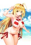  1girl ahoge armpits bangs bare_shoulders beach bikini blonde_hair blue_sky blush breasts cleavage collarbone criss-cross_halter fate/grand_order fate_(series) green_eyes guohua hair_between_eyes hair_ribbon halterneck hand_up highres large_breasts long_hair looking_at_viewer navel nero_claudius_(fate)_(all) nero_claudius_(swimsuit_caster)_(fate) ocean red_bikini ribbon side-tie_bikini sky smile solo striped striped_bikini swimsuit thighs white_ribbon 