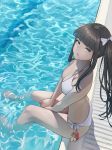 1girl absurdres bangs bare_arms bare_legs bare_shoulders barefoot between_legs bikini black_hair blue_eyes blunt_bangs blush bow breasts cleavage closed_mouth commentary_request day from_above hair_bow hand_between_legs hank_(gogaek) highres korean_commentary large_breasts long_hair looking_at_viewer looking_up mole mole_under_eye original pool poolside side-tie_bikini sidelocks soaking_feet solo sunlight swimsuit twintails very_long_hair water white_bikini white_bow 
