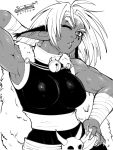  1girl aisha_clanclan alternate_costume animal_ears armpits barbarian bell bell_collar belt_buckle breasts buckle cape cat_ears circlet collar commentary dark_skin english_commentary fingernails fur_cape greyscale hand_on_hip highres impossible_clothes jingle_bell joe_shimamura lips long_hair medium_breasts monochrome muscle muscular_female one_eye_closed outlaw_star pointy_ears puckered_lips sharp_fingernails skull sleeveless slit_pupils solo sweat thick_eyebrows 