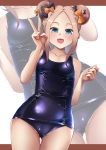  1girl abigail_williams_(fate/grand_order) bangs bare_shoulders black_bow blonde_hair blue_eyes blue_swimsuit blush bow breasts collarbone covered_navel double_bun fate/grand_order fate_(series) forehead highres kuro_yanagi long_hair looking_at_viewer one-piece_swimsuit open_mouth orange_bow parted_bangs sidelocks small_breasts smile solo swimsuit thighs 