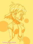  1girl arms_behind_back blush_stickers breasts collared_shirt commentary_request hair_ornament hairclip link_(aa30) looking_at_viewer medium_breasts monochrome necktie open_mouth senki_zesshou_symphogear shirt short_hair short_sleeves smile solo tachibana_hibiki_(symphogear) twitter_username watermark wing_collar yellow_theme 