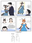 2025 anthro black_hair black_tie_(suit) blue_eyes bodily_fluids breasts brown_hair canid canine clothing comic dialogue directional_arrow dress duo eyes_closed female fox fur grey_body grey_fox grey_fur hair hand_holding hi_res human kiss_on_lips kissing male mammal necktie nervous open_mouth orange_body orange_fur paws red_fox simple_background solo species_transformation speech_bubble suit sweat tail teeth tggeko thought_bubble transformation true_fox urocyon